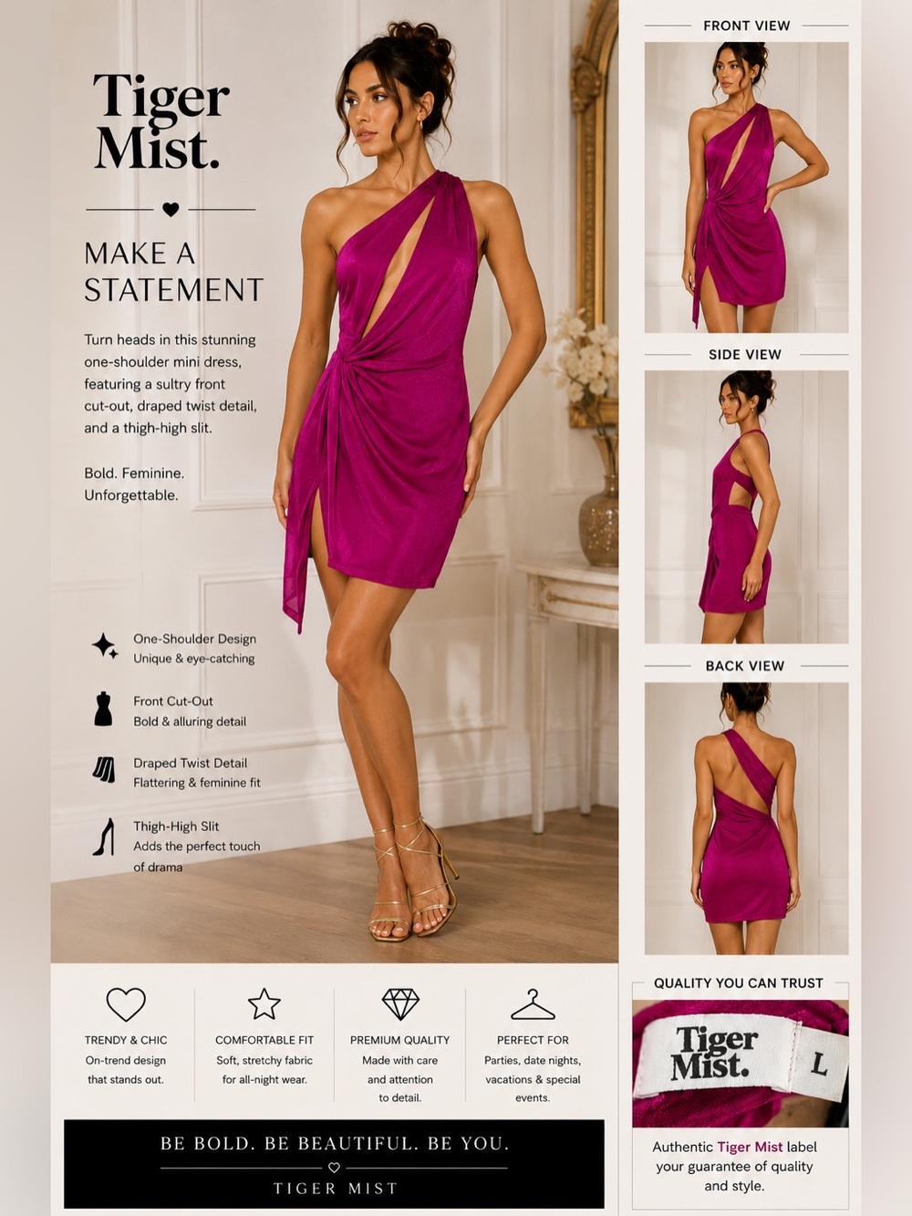 Tiger Mist Fuchsia One Shoulder Cutout Mini Dress Size L